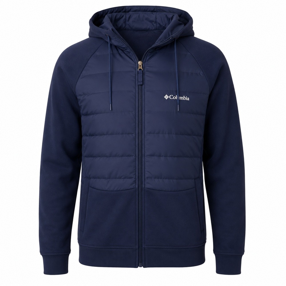 Columbia Mens Navy Blue Hybrid Puffer‎ Fleece Full Zip Hooded Jacket Large